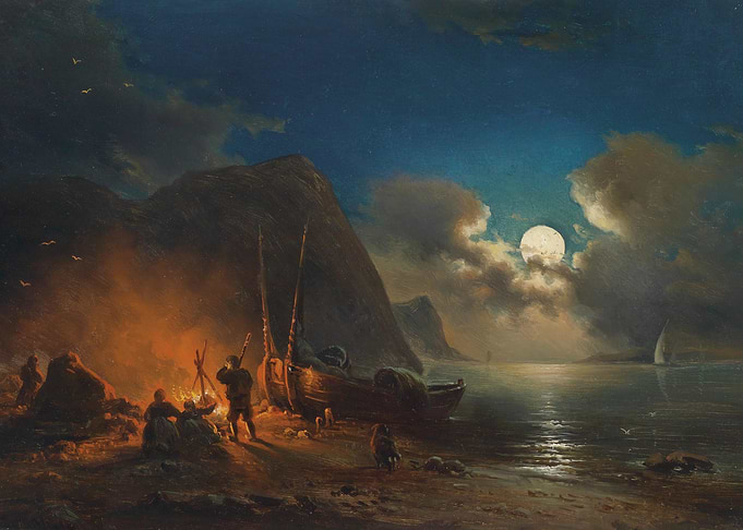 Moonlit Beach Campfire Painting