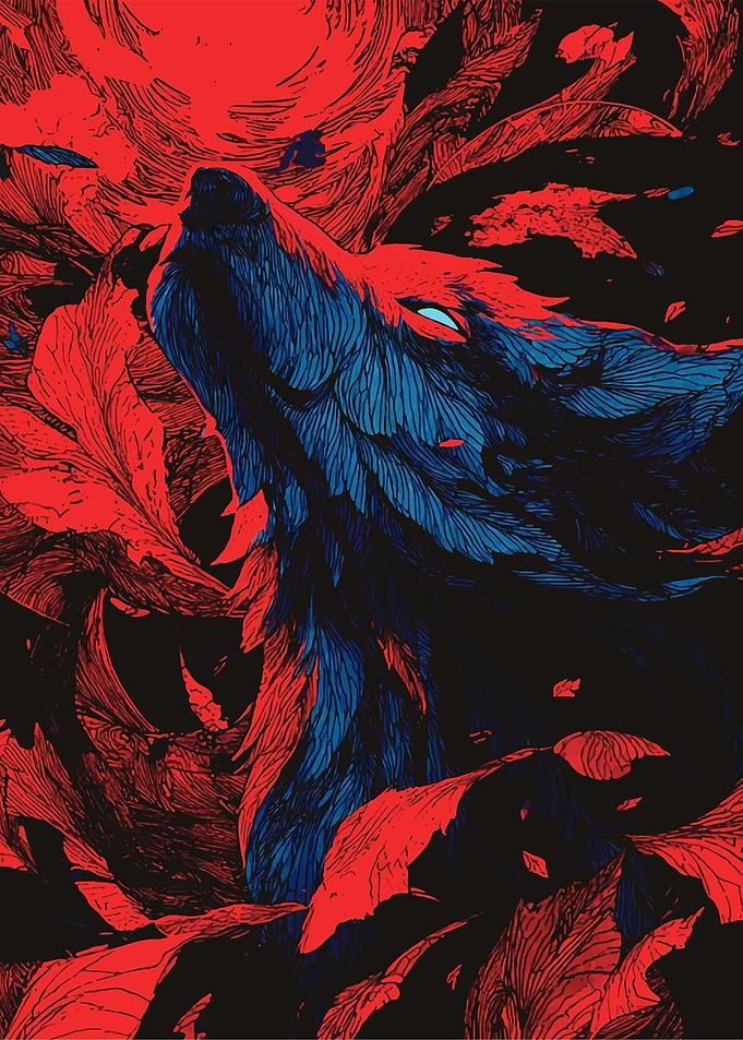 Blue Wolf Howling in Red Forest