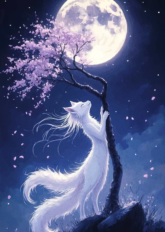 White Fox Under Cherry Blossom Moon