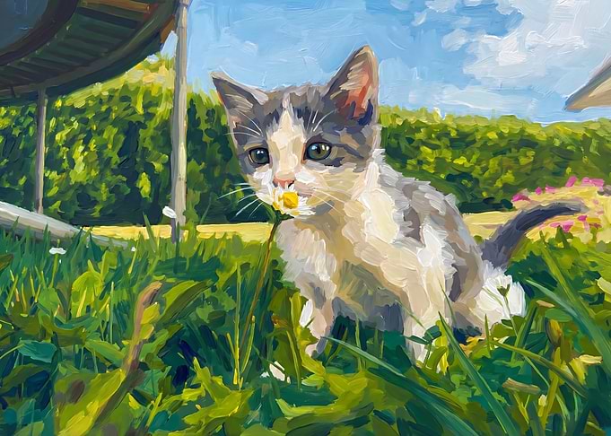 Kitten with Daisy in Grassy Field
