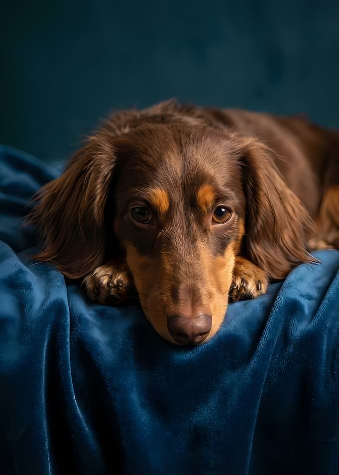 Long-haired Dachshund Resting on Blue Blanket