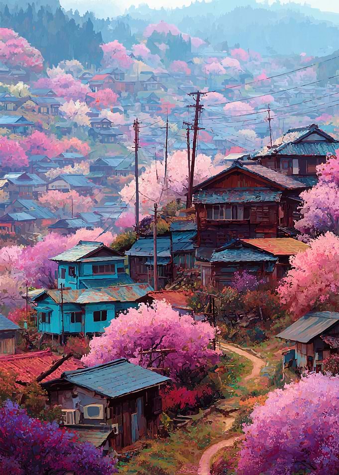 Japanese Village with Cherry Blossoms