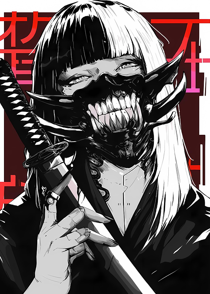 Cyberpunk Samurai Girl with Oni Mask