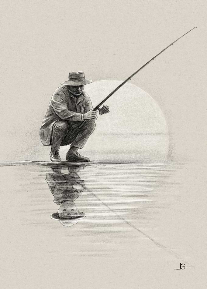 Fisherman at Sunset with Reflection