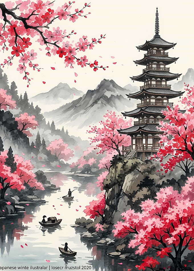 Japanese Pagoda with Cherry Blossoms