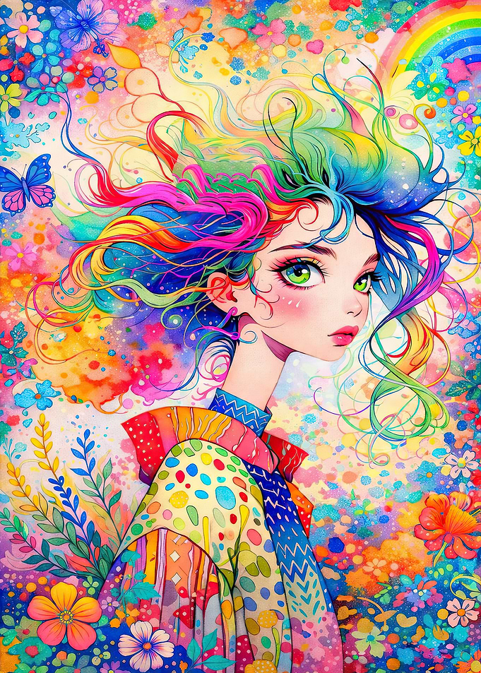 Colorful Anime Girl Portrait with Flowers