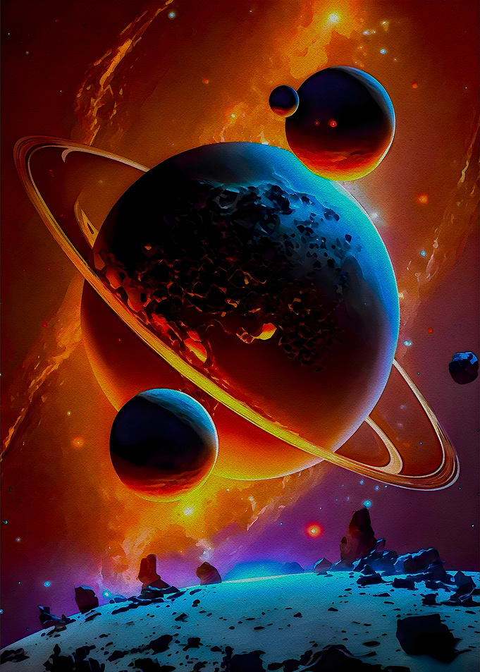 Vibrant Space Scene with Ringed Planet