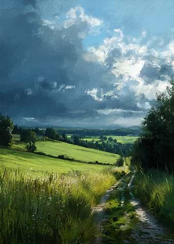 Green Field Landscape Painting