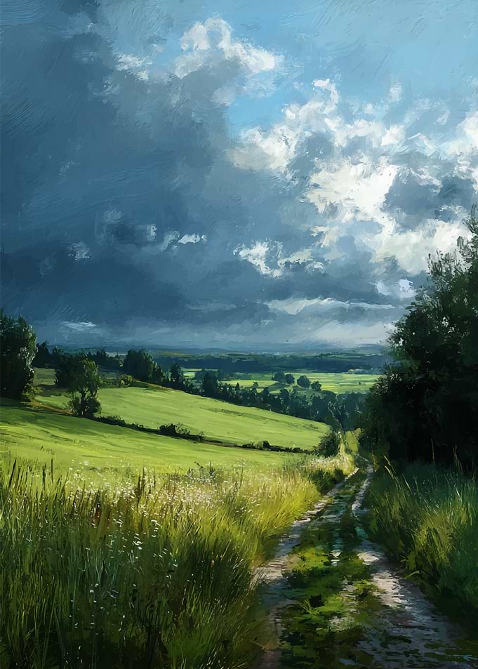 Green Field Landscape Painting