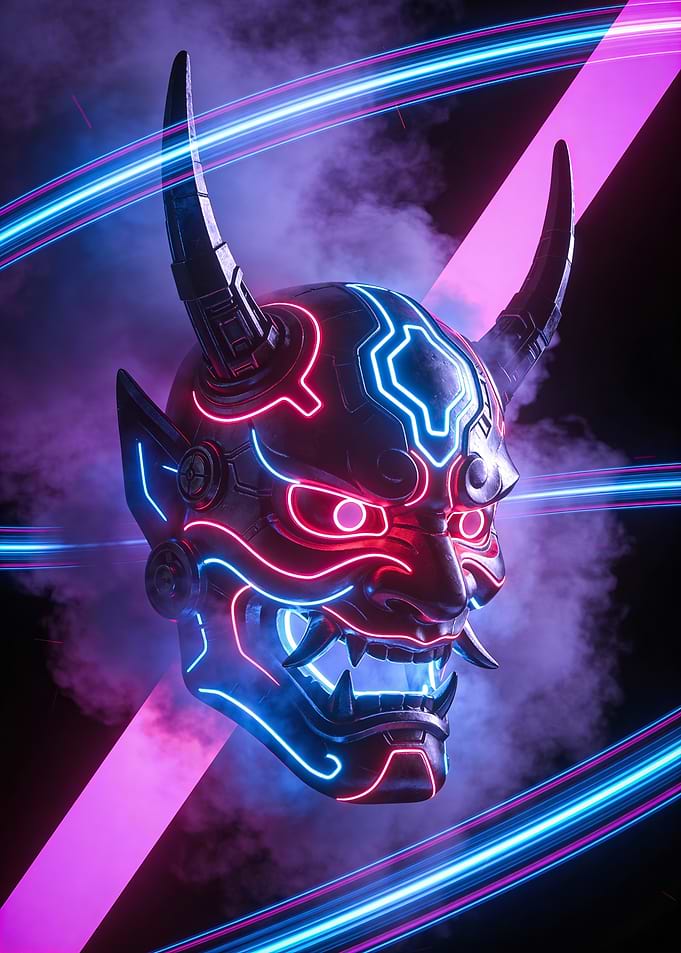 Cyberpunk Oni Mask with Neon Lights