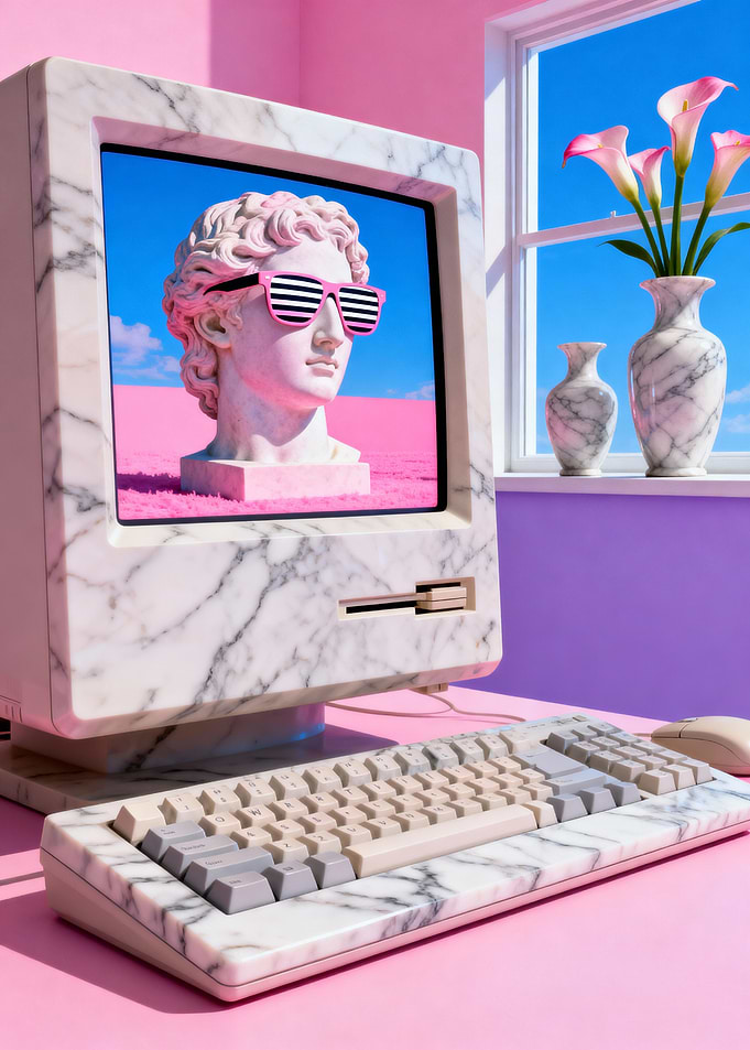 Retro Marble Computer with Statue Vaporwave