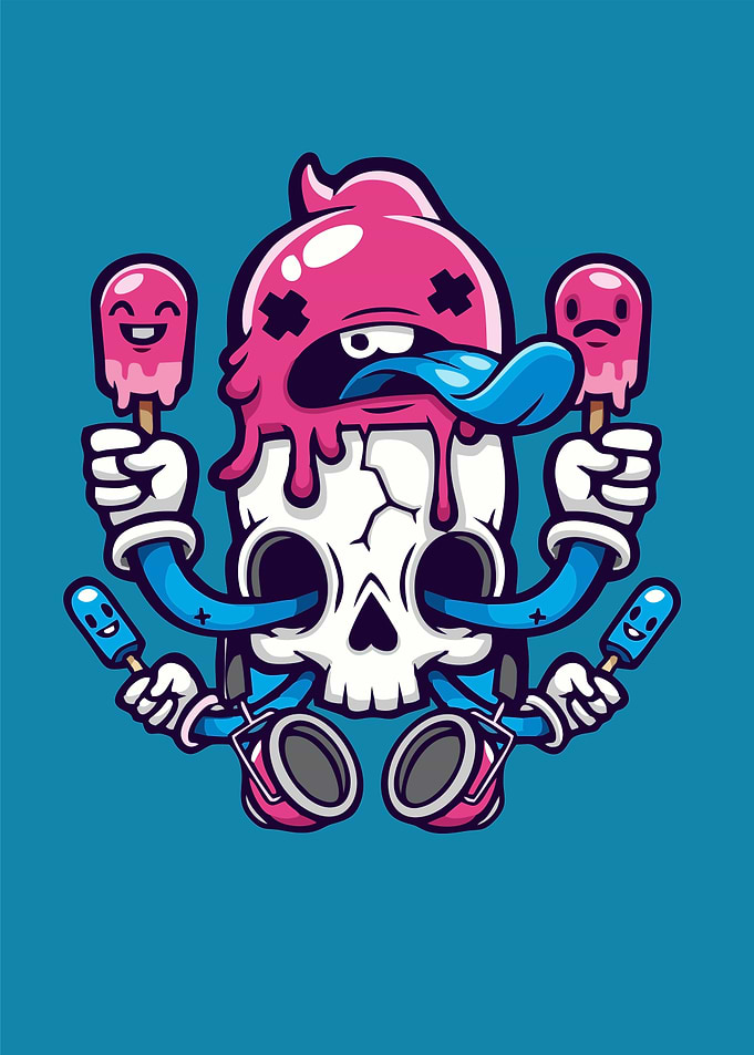 Skull with Ice Cream Cartoon Illustration
