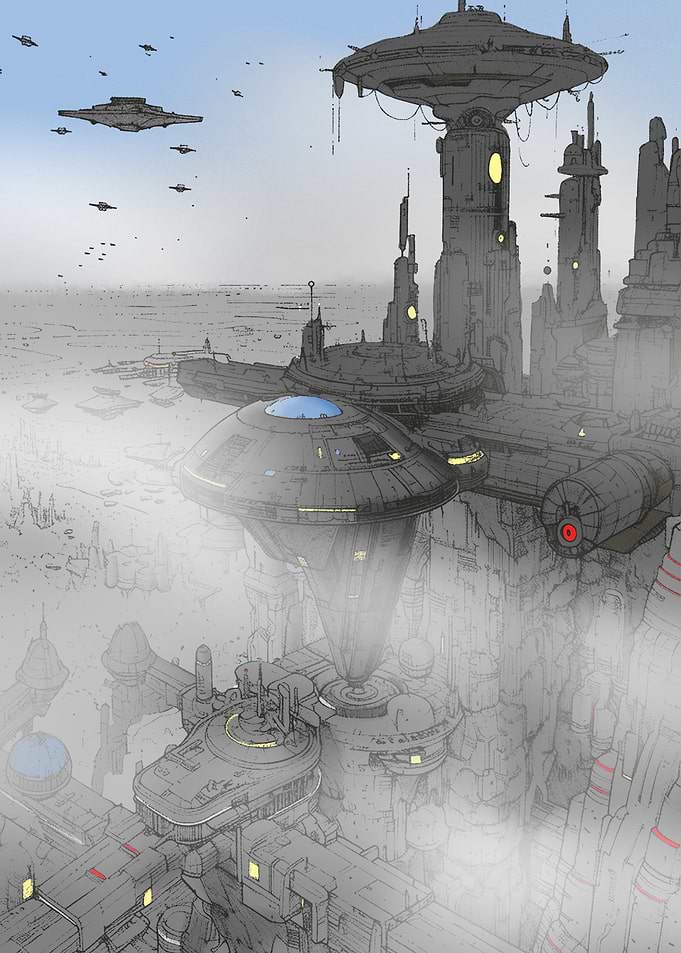Futuristic Cityscape with Spaceships