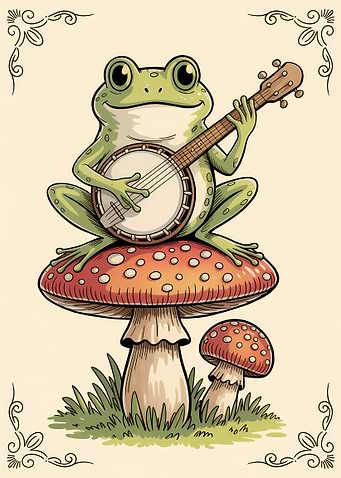 Frog playing banjo on mushroom