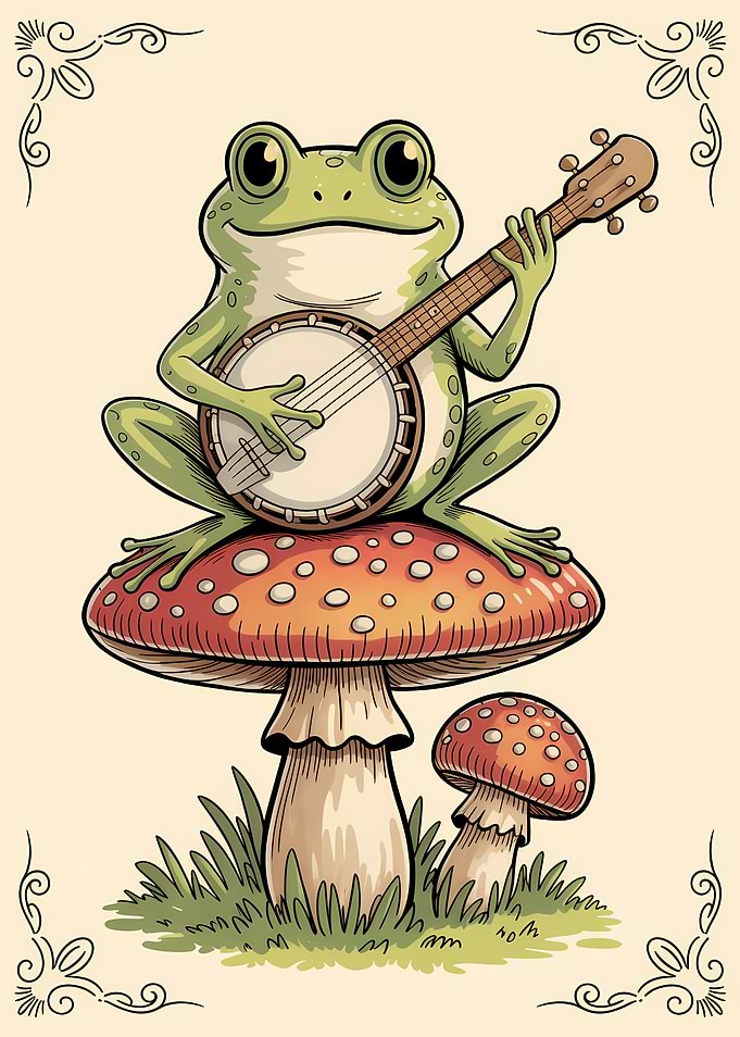 Frog playing banjo on mushroom