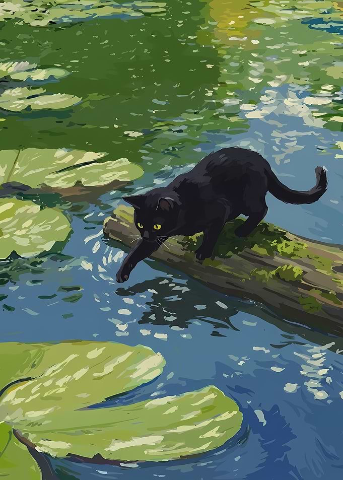 Black cat on a log