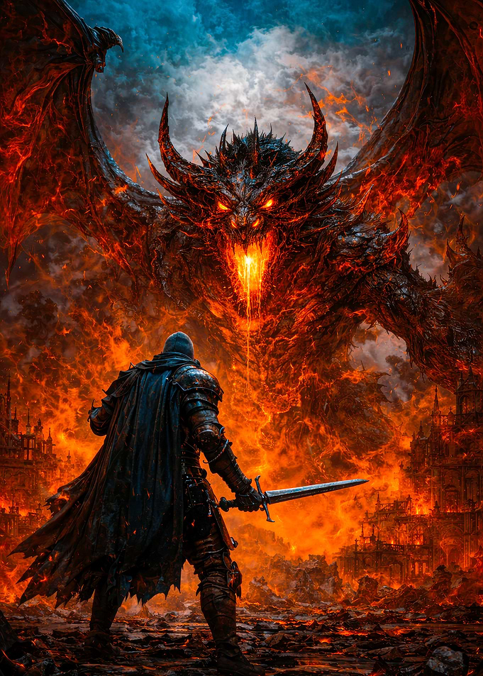 Knight Facing Fiery Dragon in Hellscape
