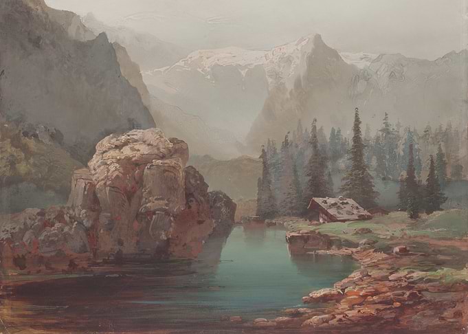 Mountain Lake Cabin Landscape Painting