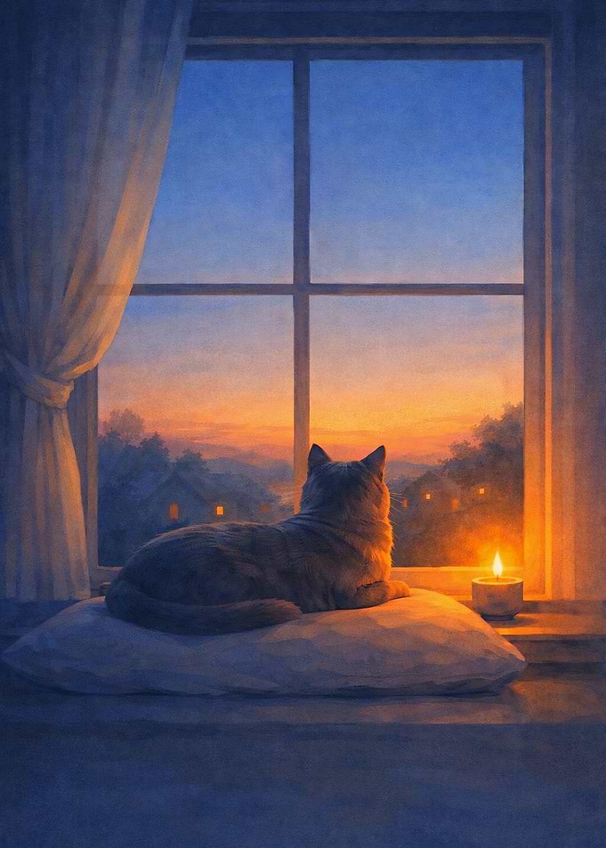 Cat looking at sunset by window drawing