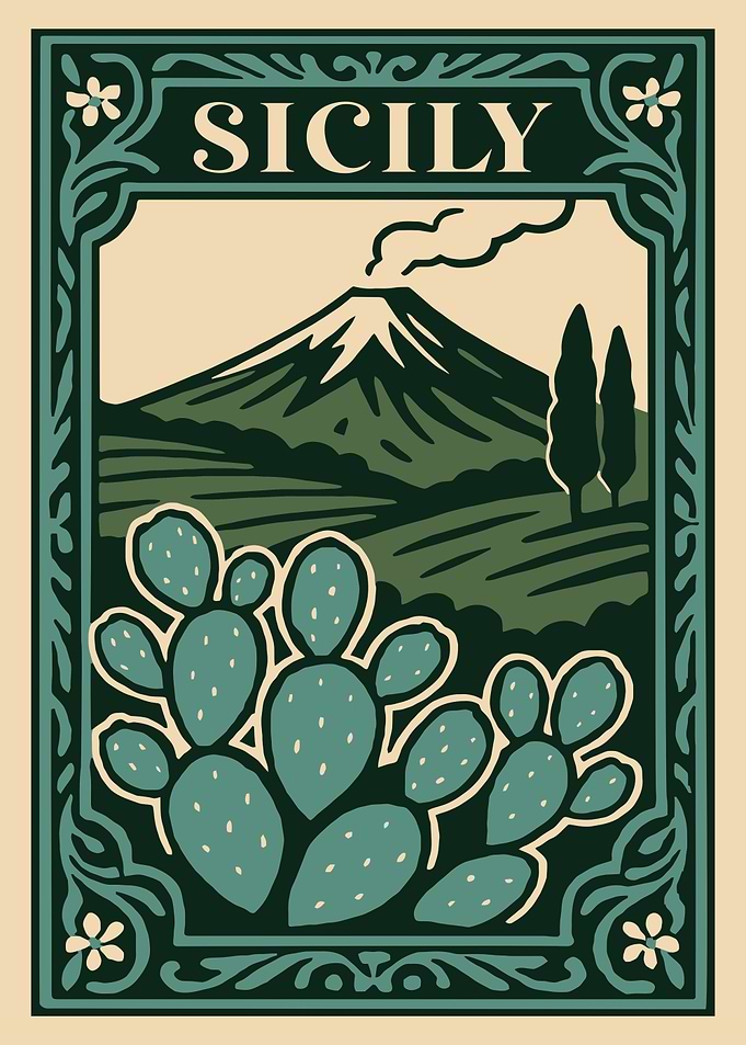 Sicily Travel Poster with Mount Etna