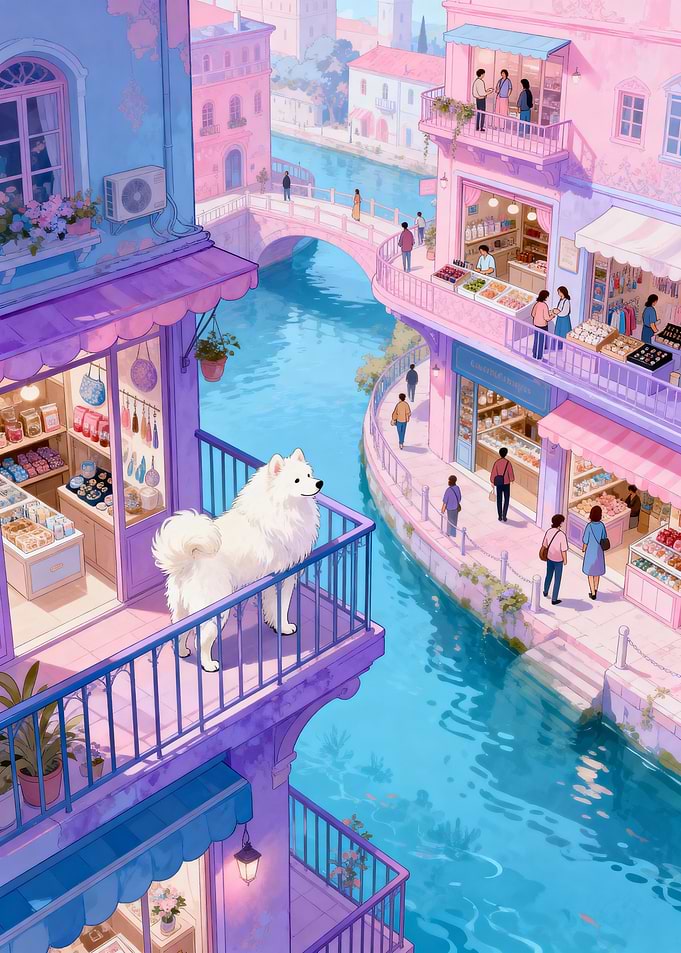 Pastel Canal Scene with Samoyed Dog
