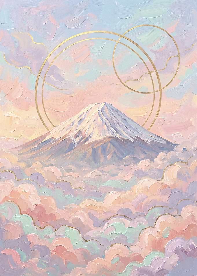 Mount Fuji Pastel Painting with Gold Circles