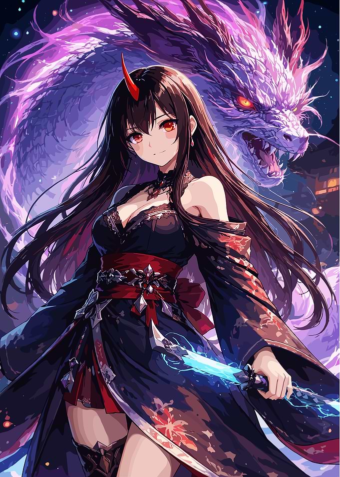 Anime Girl with Dragon and Sword