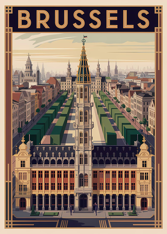 Brussels Cityscape Art Deco Poster
