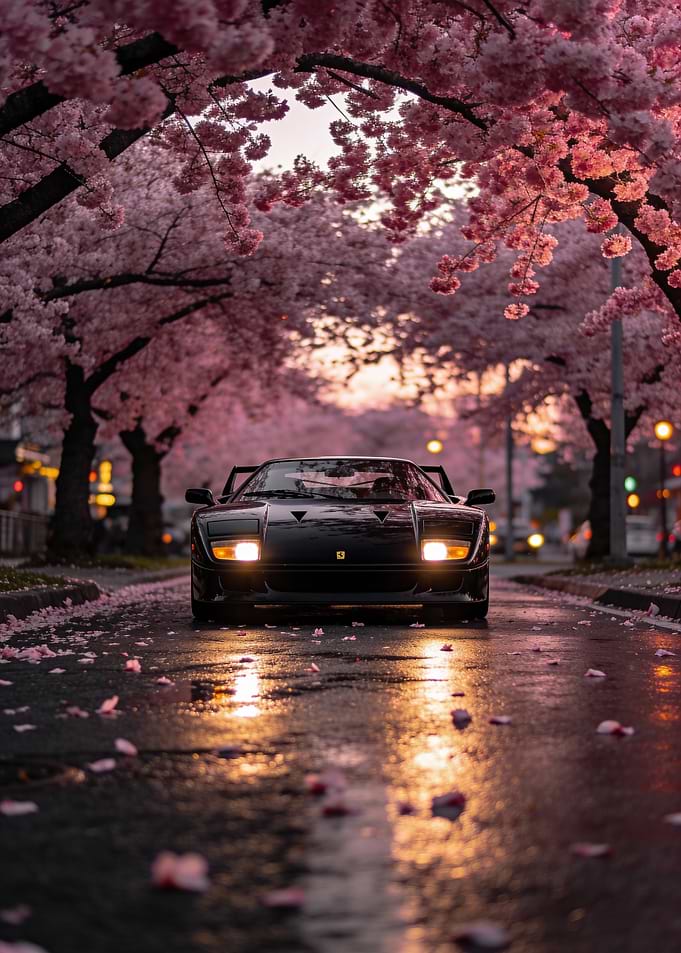 Black Ferrari under Cherry Blossom Canopy