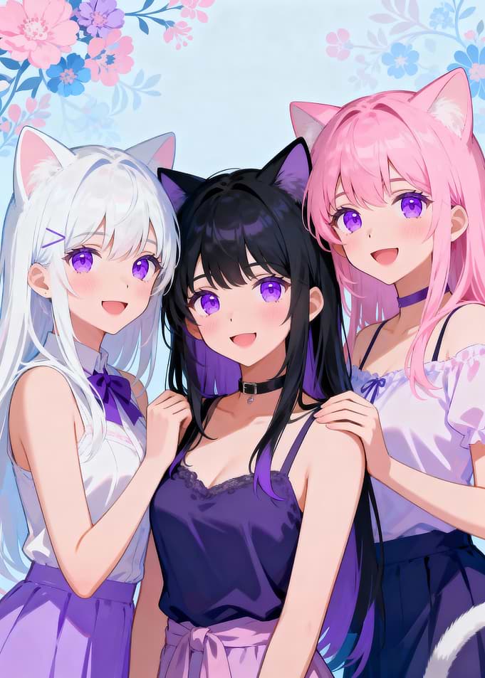 Anime Cat Girls with Floral Background