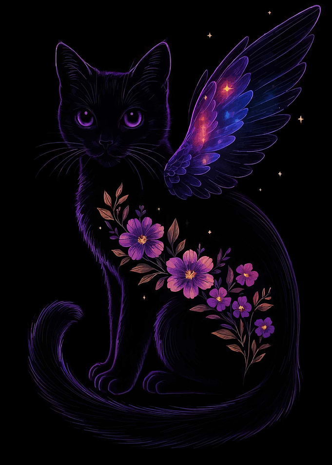 Winged Cat with Floral Design