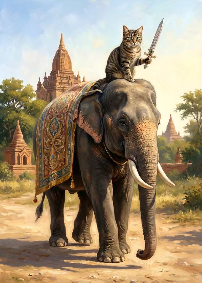 Cat riding elephant with sword