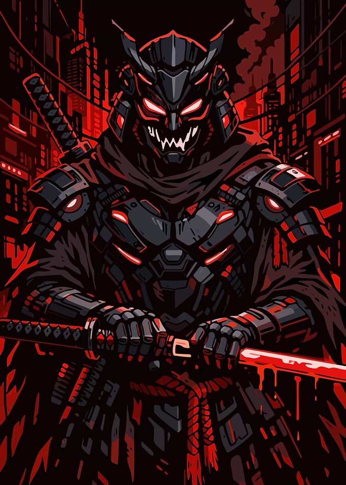 Cyberpunk Samurai Warrior in Red City