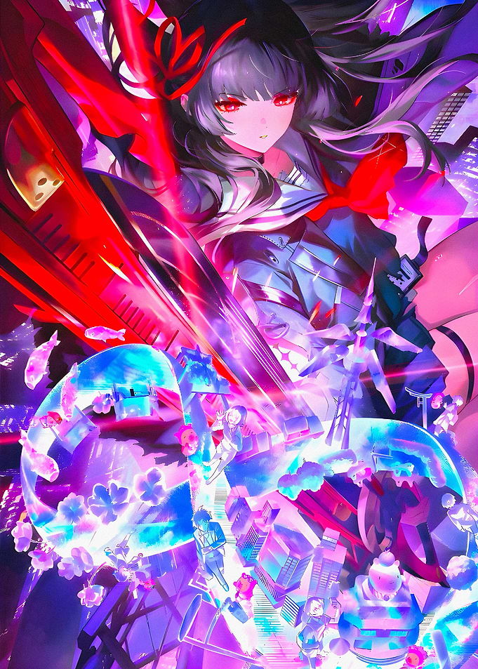Anime Girl with Sword and Cityscape