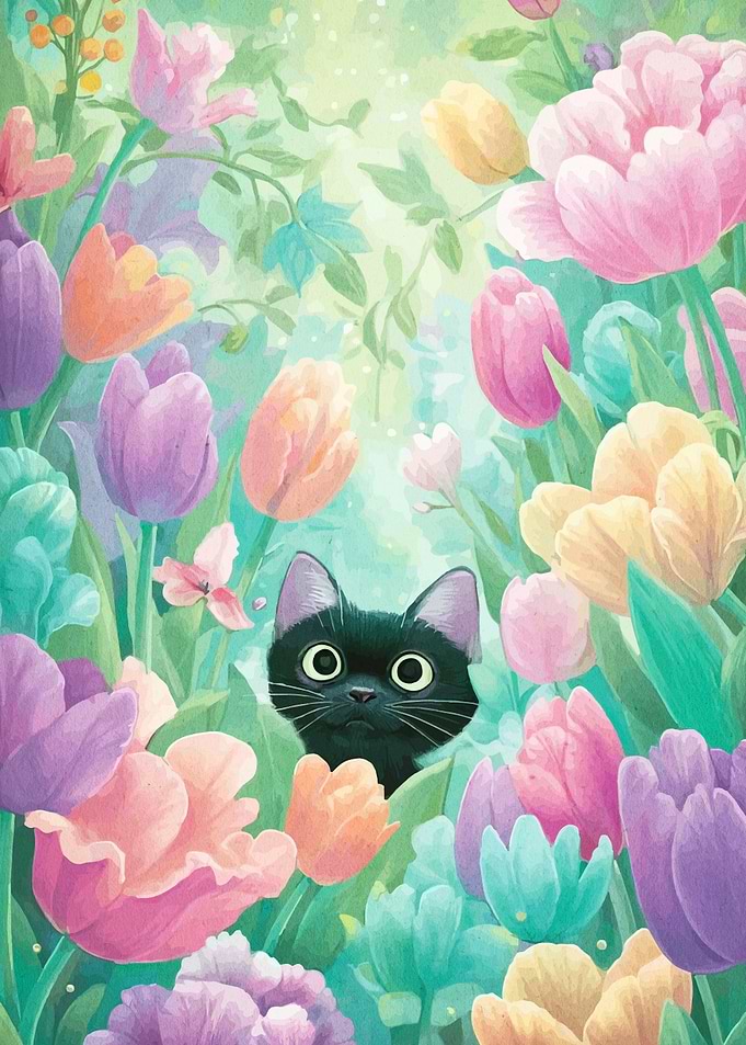 Black cat in a tulip garden