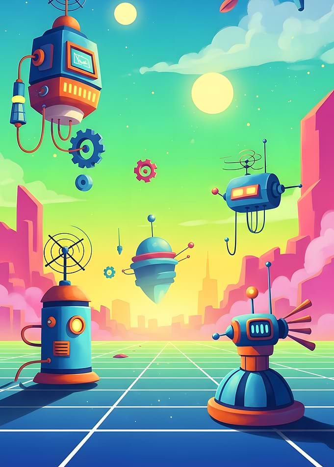 Retro Futuristic Cityscape with Robots