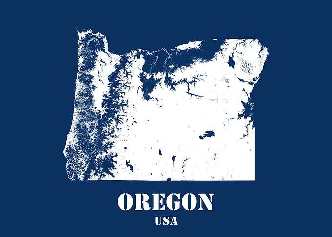 Oregon USA State Minimalist White Topographic Contour Relief Map featuring terrain on navy blue background