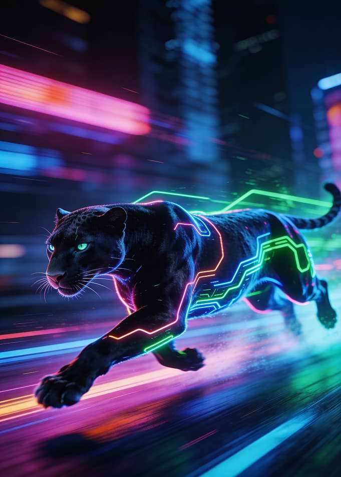 Cyberpunk Panther in Neon Cityscape
