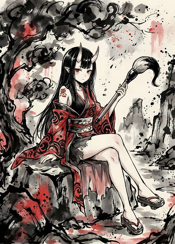 Demon Girl with Brush Ink Painting