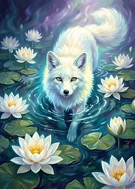 White Fox in Lily Pond