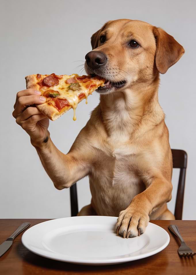 Dog eating pizza at the table