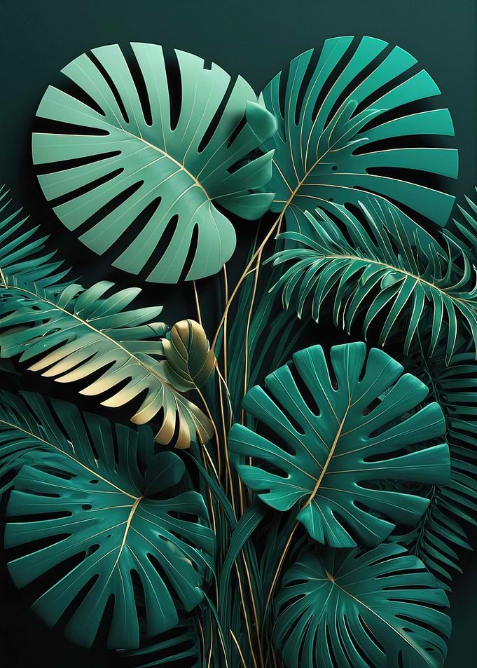 Emerald Monstera Leaves — Lush Tropical Botanical Digital Art