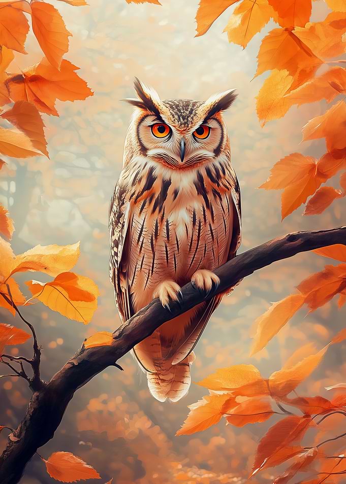 Owl Perched on Branch in Autumn