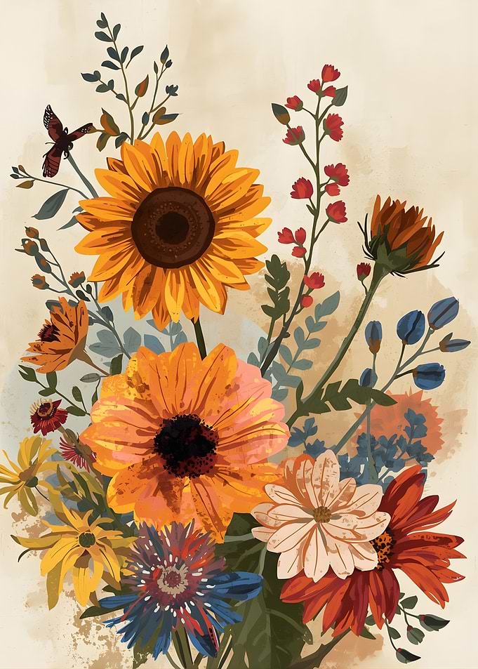 Floral Bouquet with Butterfly Illustration