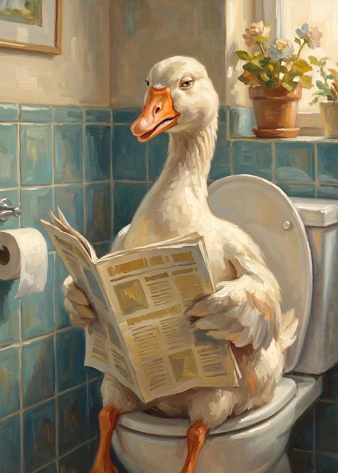 Goose Reading Newspaper on Toilet