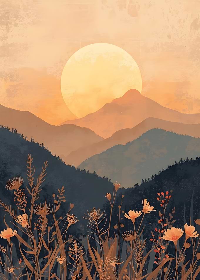 Mountain Landscape with Flowers and Sun