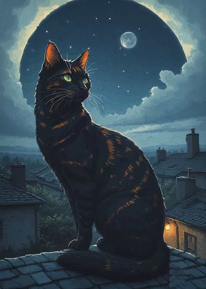 Cat on a Rooftop at Night
