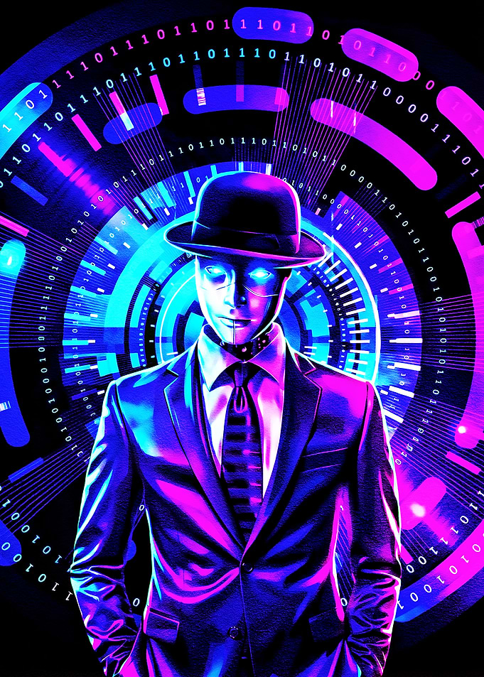 Cyberpunk Hacker in Suit with Binary Code