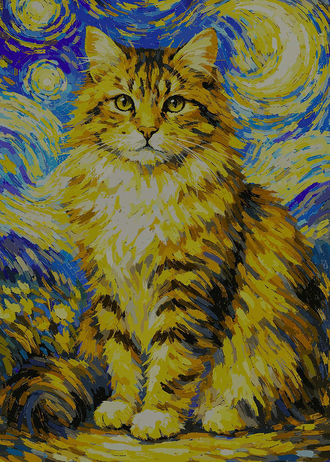 Cat in Starry Night Style Painting