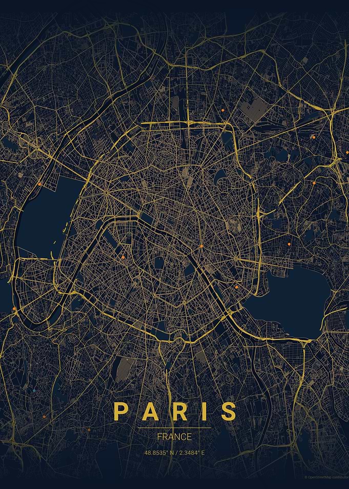 Paris City Map - Gold on Navy